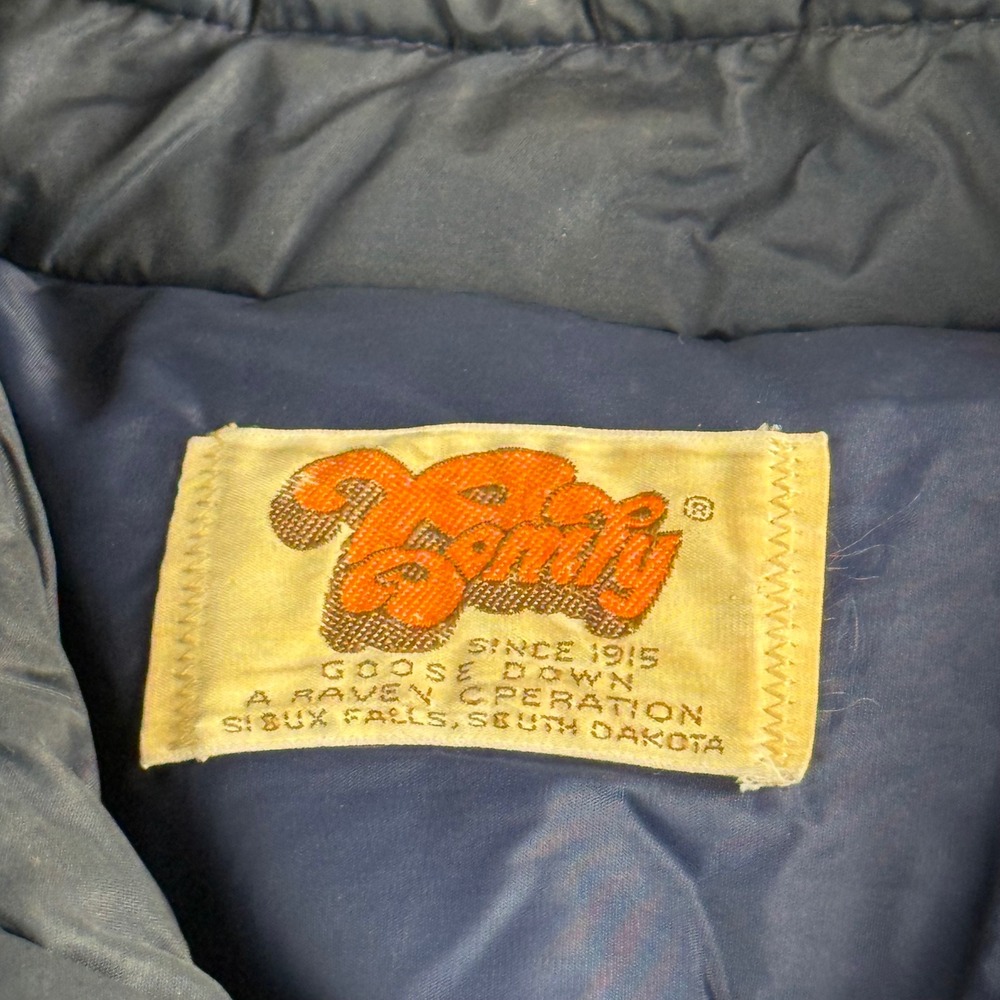 Vintage Comfy Goose Down Puffer Jacket Navy Blue Retro Chevron Distressed XL - Picture 3 of 7